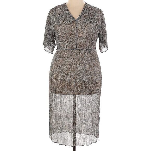 RIVER ISLAND Beige Animal Print Midi Sheer Pleated Dress Plus Size 18 EUC - Picture 1 of 2